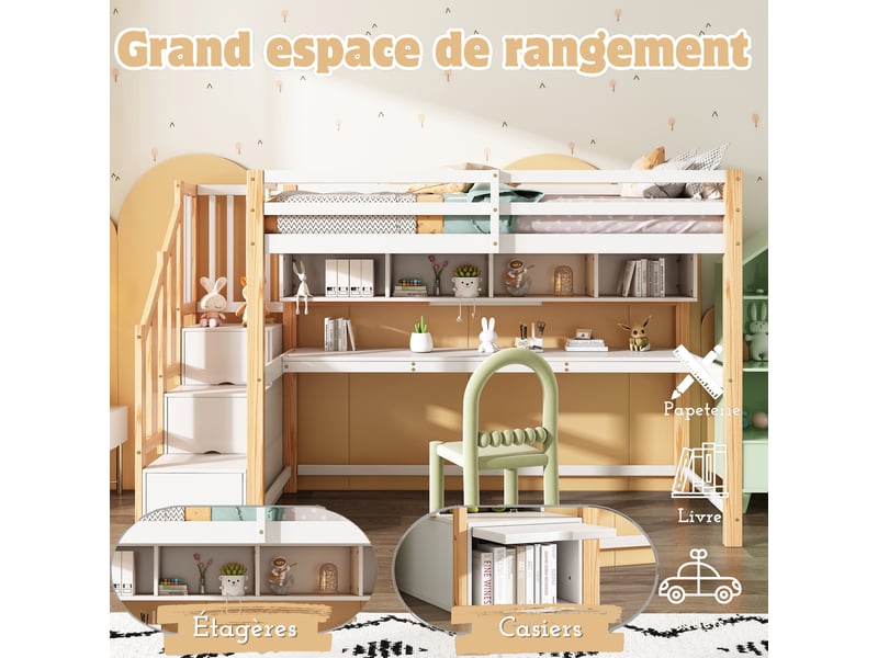  Lit mezzanine enfant  lit enfant avec grand bureau et étagères, peintures écologiques, naturel et blanc  - Conforama E