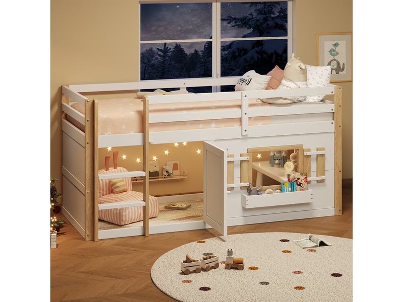 Lit mezzanine enfant 90x200 bois massif blanc multifonction avec échelle et espace de jeu inférieur - Conforama R
