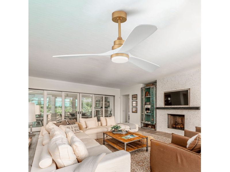  Ventilateur de plafond 52 pouces avec lumière, télécommande, moteur dc silencieux, bois massif, or et blanc  - Conforama B