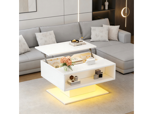 Table basse relevable avec espace caché et rangement semi-ouvert et led, finition brillante, en panneau de particules, blanc - uvrion