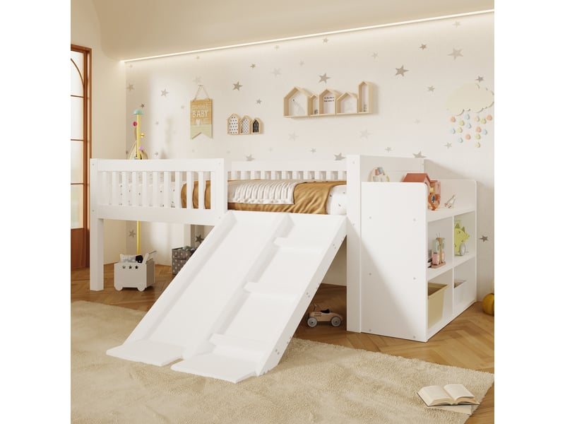 Lit enfant 90 x 200 cm avec toboggan, échelle, rangements intégrés, niches ouvertes et espace de jeu sous le lit, bois et mdf - blanc OMNIGLINT TRADING LTD - Conforama E