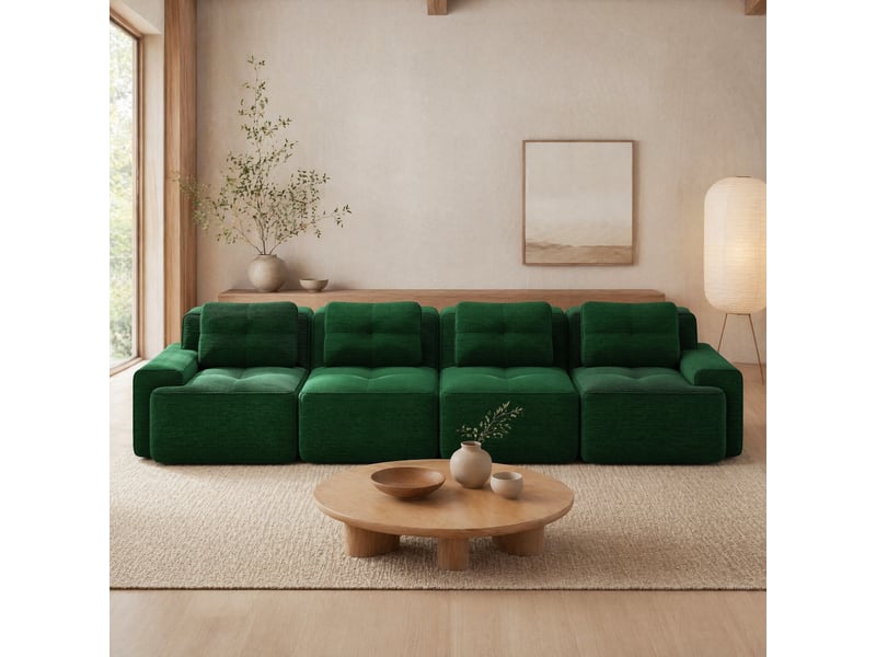 Canapé modulaire 4 places en velours côtelé avec dossier incurvé, accoudoirs larges et assise profonde vert - Conforama C