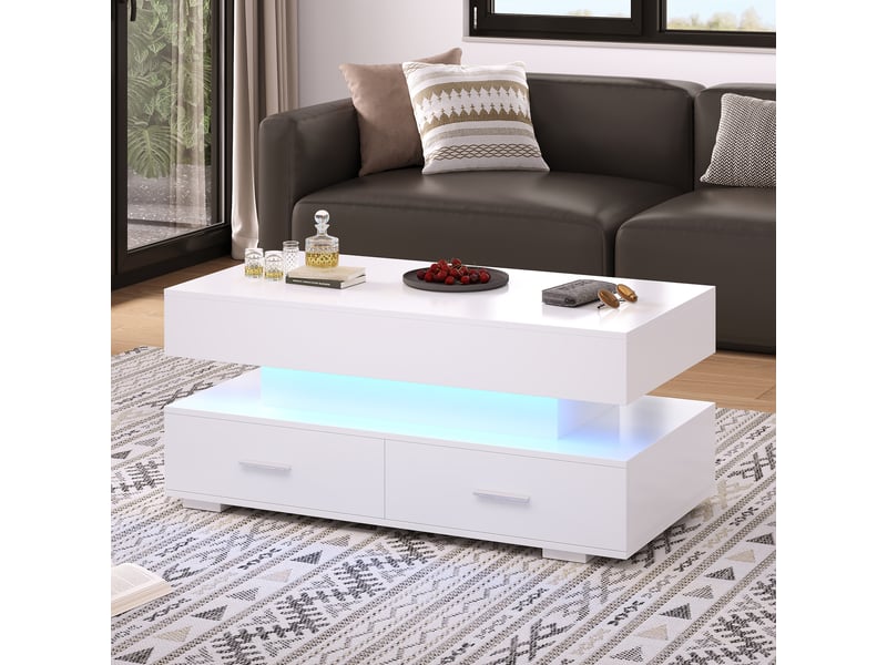  Table basse relevable blanche 100x50 cm avec éclairage led, plateau hydraulique, 2 tiroirs et rangement caché  - Conforama D
