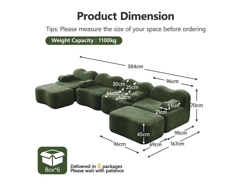 Canapé panoramique en u 4 places modulaire avec ottomans et assise profonde, en velours vert - Conforama E