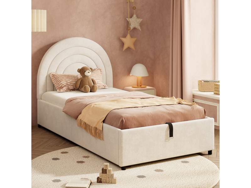  Lit capitonné 90x200 enfant velours beige - lit simple avec sommier et coffre hydraulique  - Conforama B