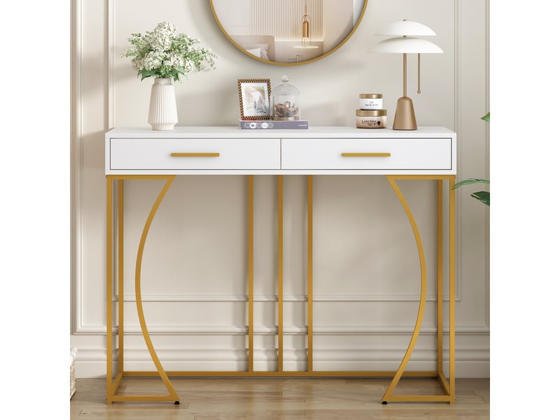  Rayofi console d'entrée 2 tiroirs, plateau mdf, structure métallique, 110 x 32 x 85 cm, blanc doré  - Conforama C