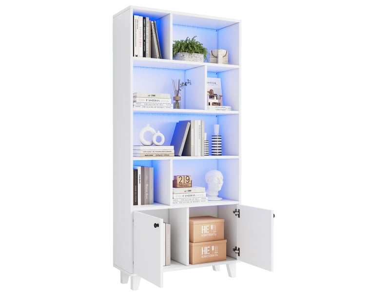  Bibliothèque 80x30x173 cm, led, armoire de rangement, meuble de bureau, 2 portes, pieds en bois, mdf et bois, blanc  - Conforama A