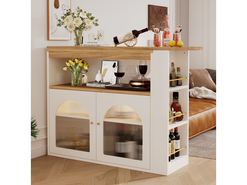  Table de bar extensible 138-193 x 39 x 105 cm, pivotante à 360°, rangement 3 niveaux et éclairage led, blanc  - Conforama E