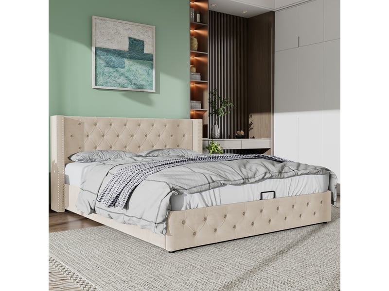 Lit coffre rembourré 140x190 cm avec rangement hydraulique, lit double en velours avec tête de lit à oreilles, capitonnage et doubles clous, beige OPULERANE TRADING LTD - Conforama D