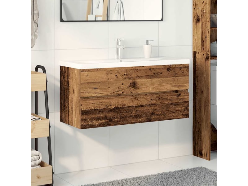  Meuble lavabo avec bassin et robinet intégré, armoire de salle de bains vieux bois cf65565  - Conforama C