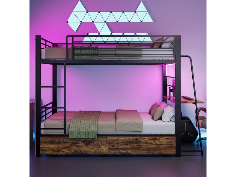  Lit superposé métal 90x200 cm avec bureau led tiroirs rangement en747 250 kg par niveau  - Conforama D