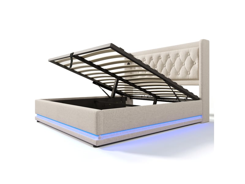  Lit double 160x200 cm en coton beige, sommier relevable hydraulique, tête de lit capitonnée, led 3 côtés et usb-c  - Conforama D