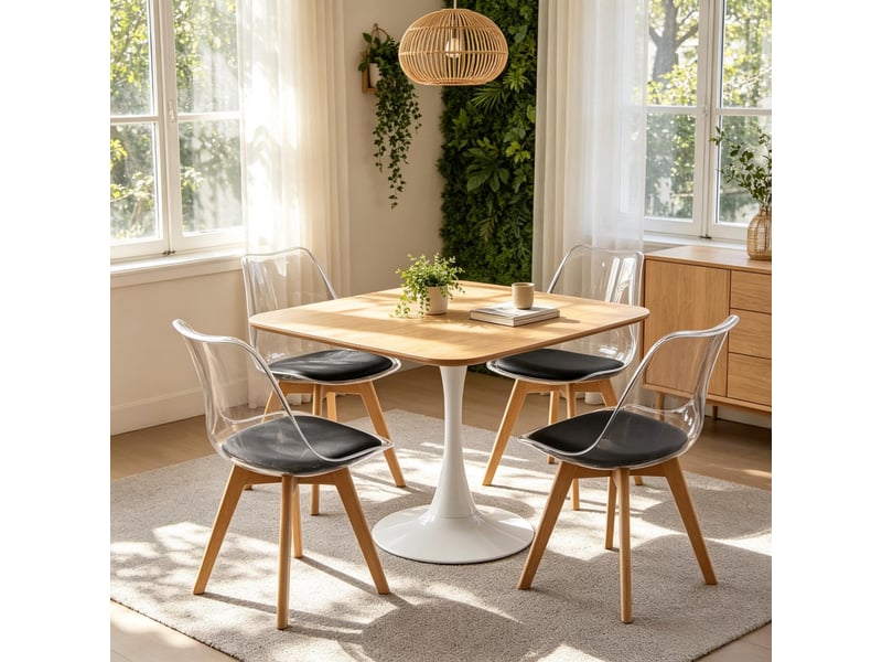  Chaise de salle à manger lot de 4 avec assise rembourrée, dossier fixe et pieds en bois, en similicuir noir  - Conforama B