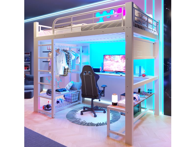  Lit mezzanine modenvie 140 x 200 cm en métal avec led, bureau intégré, rangements, blanc  - Conforama E