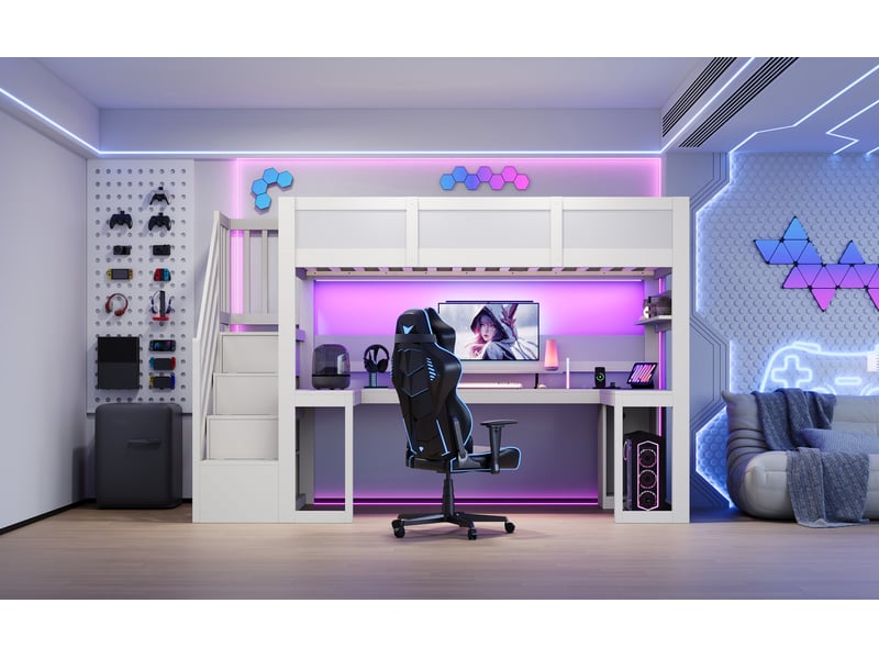  Lit mezzanine 90 x 200 cm, lit enfant surélevé, bureau intégré, étagères ouvertes, éclairage led, ports usb et usb-c, échelle, contreplaqué, blanc Morn Vibe - Conforama E