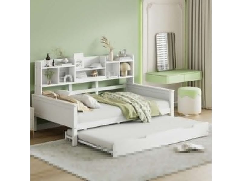 Lit combiné extensible 90x200 cm en bois massif lit gigogne 90x190 cm avec compartiment de rangement et sommier à lattes pin blanc  - Conforama B