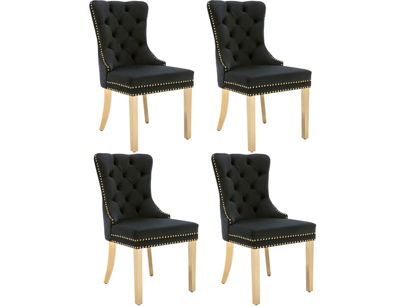  Lot de 4 chaises 65,5x51x95 cm, piètement acier doré, clous décoratifs, revêtement velours noir, pour salle à manger  - Conforama A
