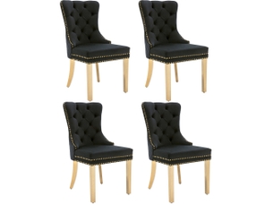 Lot de 4 chaises 65,5x51x95 cm, piètement acier doré, clous décoratifs, revêtement velours noir, pour salle à manger