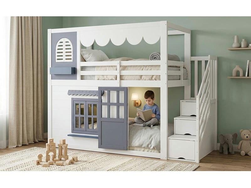  Lit mezzanine cabane avec escalier de rangement - 90x200cm - porte et fenêtres ouvrantes, bordure de toit ondulée - avec sommier à lattes - blanc, détails bleu grisé  - Conforama B