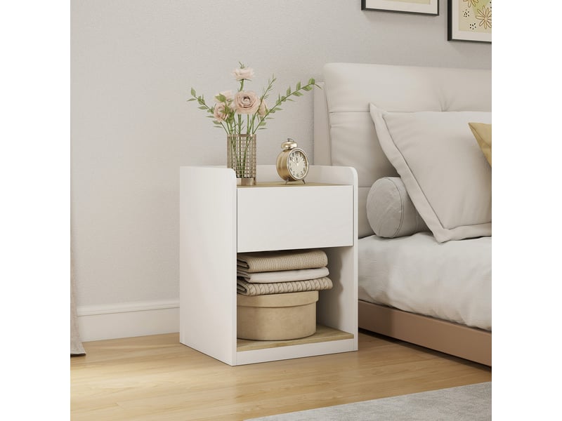  Chevet table de nuit bicolore effet bois clair blanc avec tiroir et niche  - Conforama D
