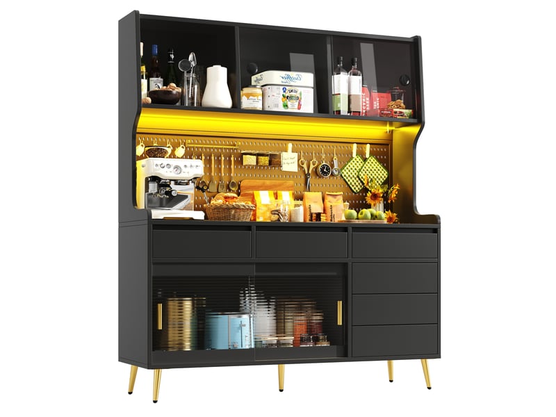  Buffet haut 145x39x171 cm noir en mdf, métal et verre, avec led et rangement  - Conforama A