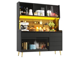 Buffet haut 145x39x171 cm noir en mdf, métal et verre, avec led et rangement