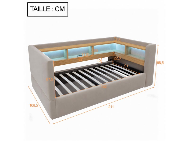  Lit banquette 1 place 190×90 cm en flanelle avec coffre hydraulique, rangements, led et prises, sans matelas, gris foncé  - Conforama D