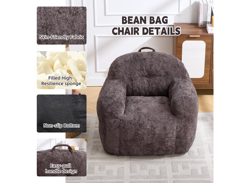  Fauteuil pouf 95x95x79 cm, garniture en éponge déchiquetée, revêtement fausse fourrure avec accoudoirs, pour salon, chambre ou lecture, gris foncé Sol Morn - Conforama E