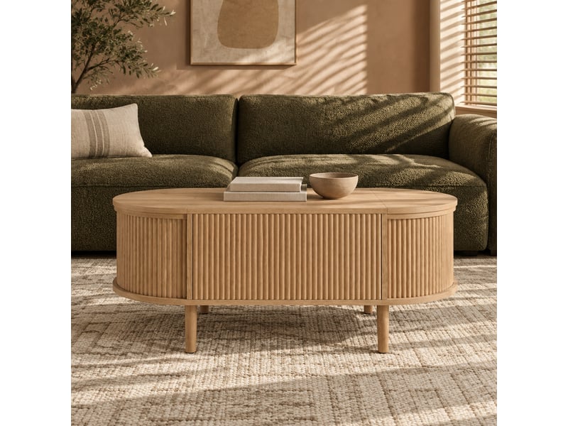  Table basse relevable 100x48x53.5 cm avec rangement, mdf et pieds en bois coloris chêne  - Conforama C