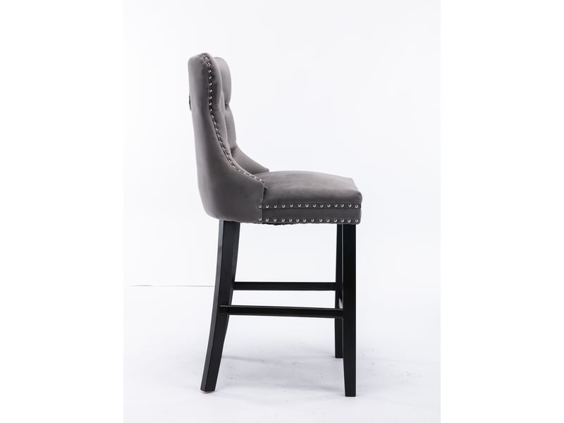  Tabourets de bar de2002gy gris lot de 2 en velours capitonné avec pieds bois et clous chrome  - Conforama D