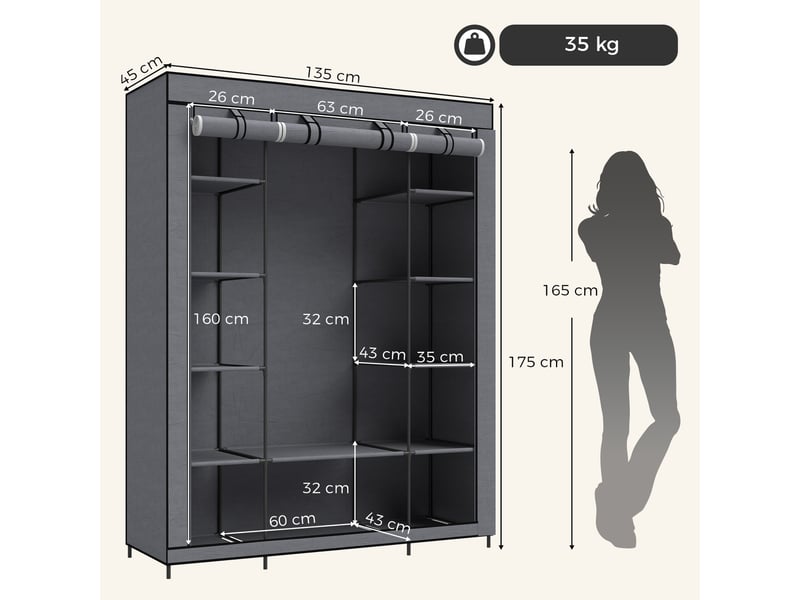  Armoire gain de place en tissu avec penderie et 11 étagères, 135 x 45 x 175 cm, pour la chambre, grise  - Conforama E