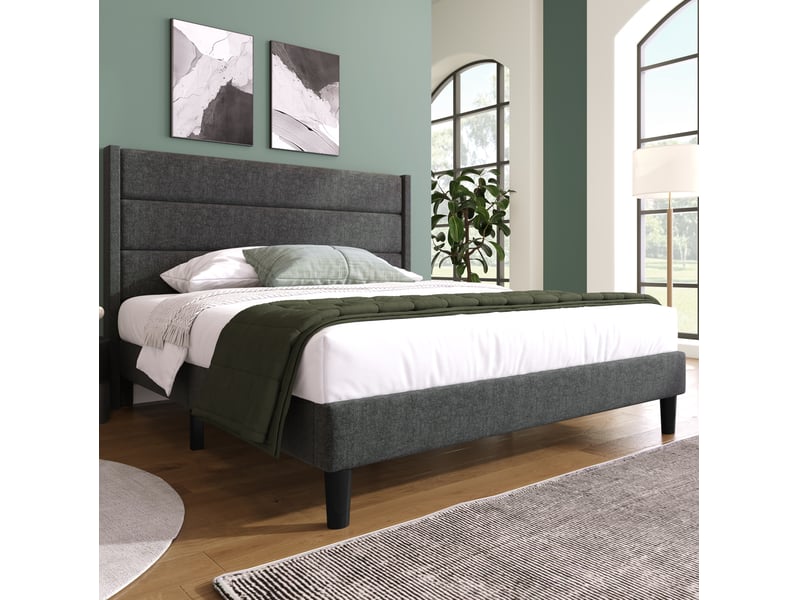  Lit double 140x200 avec sommier à lattes et tête de lit gris foncé evryae  - Conforama B