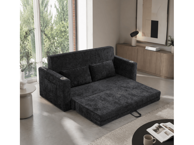 Canapé convertible pliant 2 places avec usb, porte-gobelets, poches latérales et coussins en chenille noir et gris - Conforama D