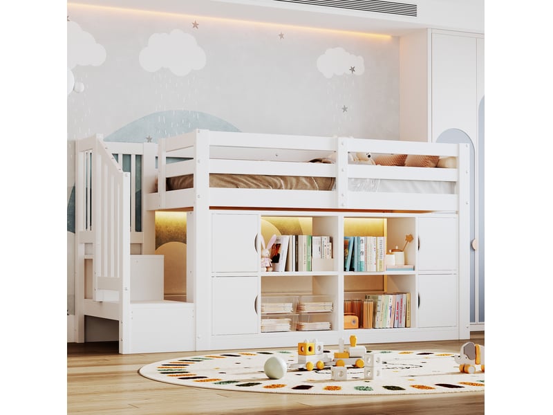  Lit mezzanine 90x200 cm avec rangements et éclairage led, blanc  - Conforama B