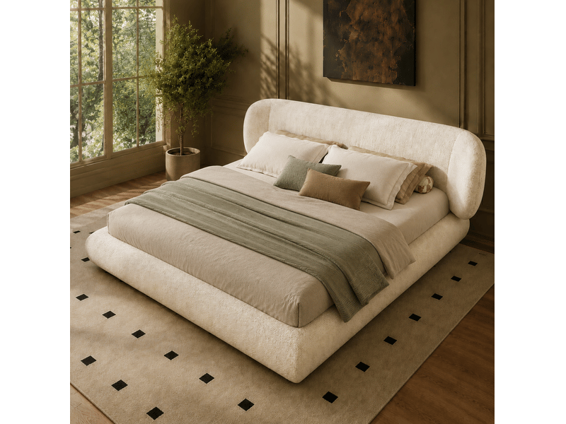  Lit rembourré tcqpz 140 x 200 cm avec tête de lit et sommier à lattes chenille beige  - Conforama B