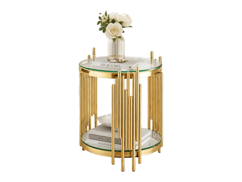  Table d'appoint ronde 45x45x55 cm avec deux niveaux, pour salon, structure et pieds en acier inoxydable, transparent  - Conforama A