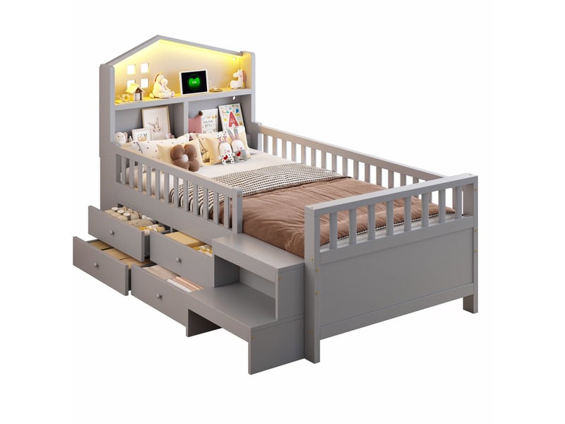  Modenvie lit enfant 90x200 cm - avec 4 tiroirs, led et ports usb-c, sommier inclus - gris  - Conforama A