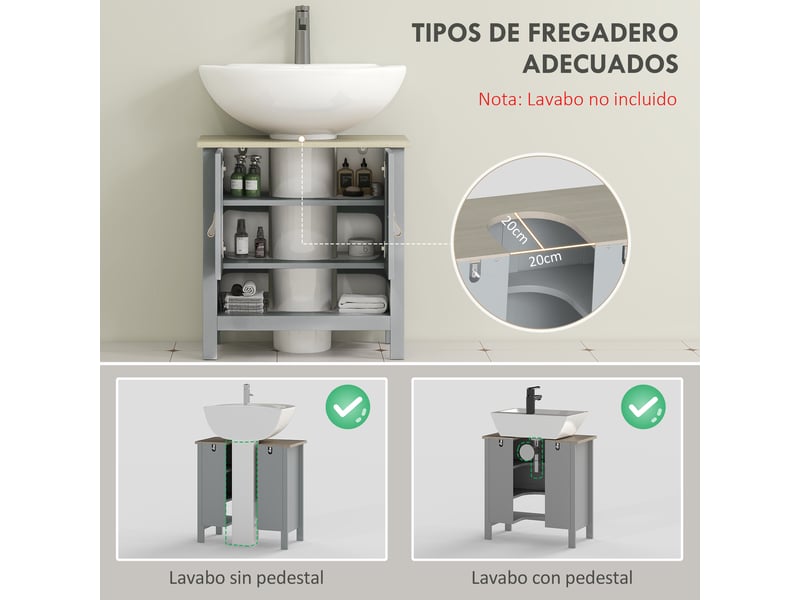  Meuble sous lavabo gris à 2 portes, découpe en u, étagère réglable, 60 x 30 x 60 cm  - Conforama R