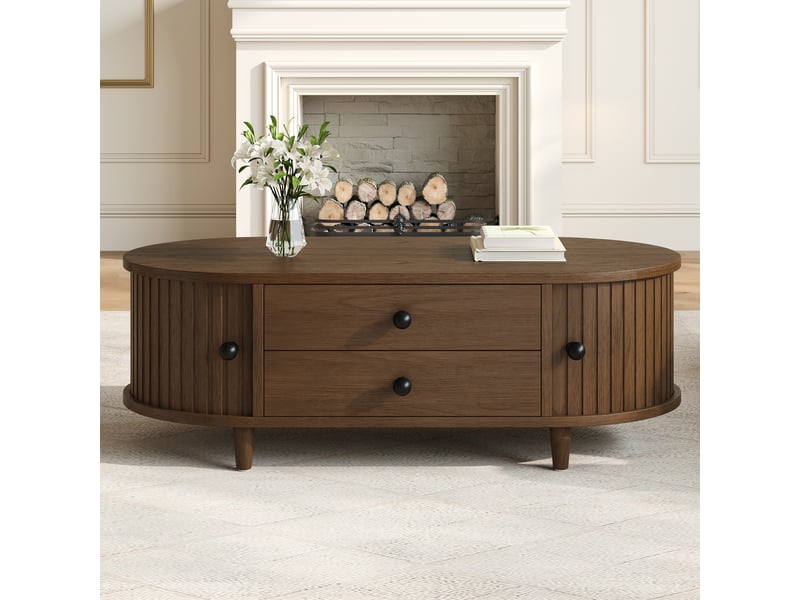 Table basse ovale 100 x 50 x 36 cm, 2 tiroirs et portes tambour, mdf avec pieds en bois massif, noyer Fay Lum - Conforama B