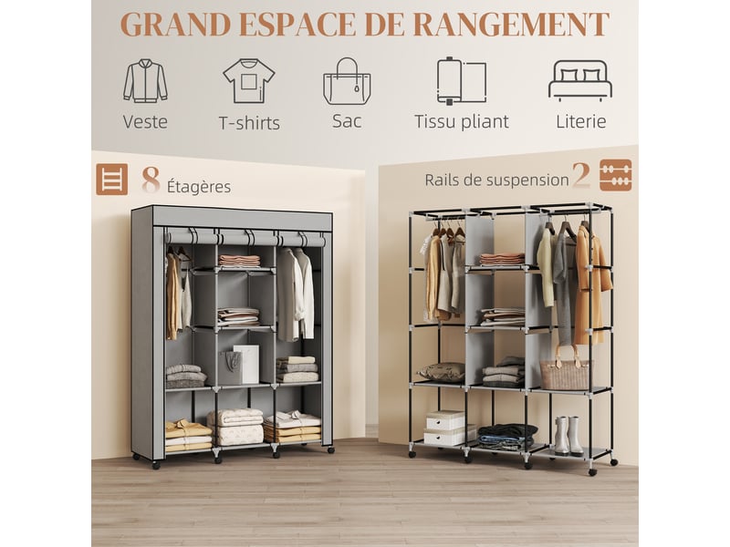  Armoire penderie en tissu avec roulettes gris 125 x 43 x 162,5 cm  - Conforama D