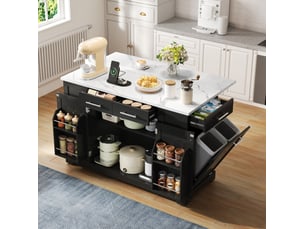 Desserte de cuisine avec plateau rabattable, 3 portes de rangement, prises et roulettes freinées, 138 × 86 × 92 cm