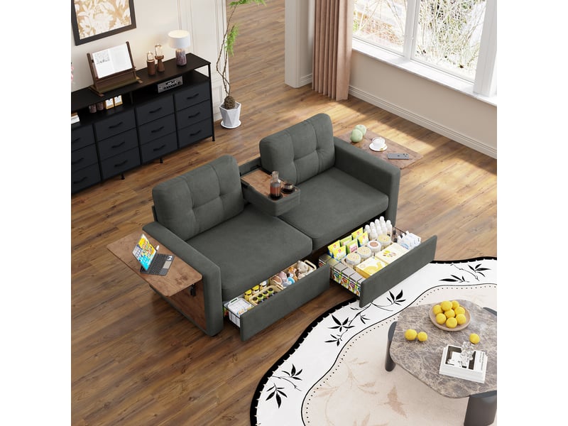  Canapé 2 places 178 x 71 x 57,5 cm, assise réglable, 2 rangements, tablette rabattable pour ordinateur, porte-gobelets, chenille, gris foncé OMNIGLINT TRADING LTD - Conforama E