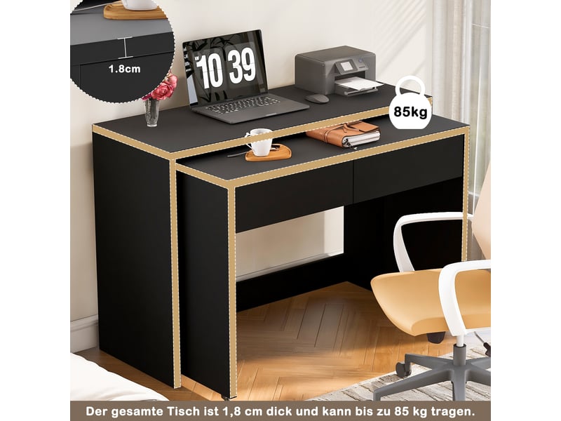  Bureau 2 en 1 avec tiroirs, bureau extensible noir sur roulettes pour petit espace, table de travail modulable 110x40x78 cm  - Conforama D