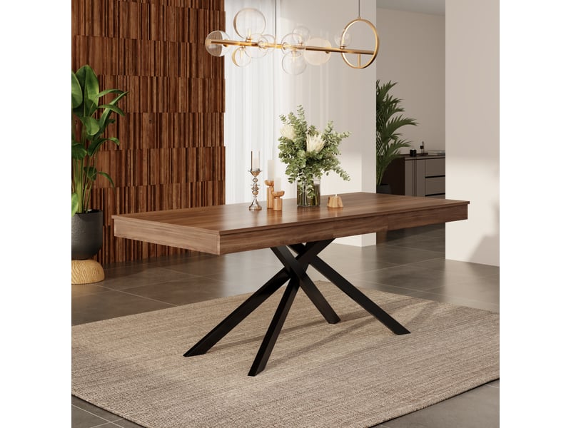  Table à manger extensible 140-180x80 cm pour 6 à 8 personnes, plateau épais, pieds croisés en métal, mdf effet noyer, salle à manger  - Conforama B