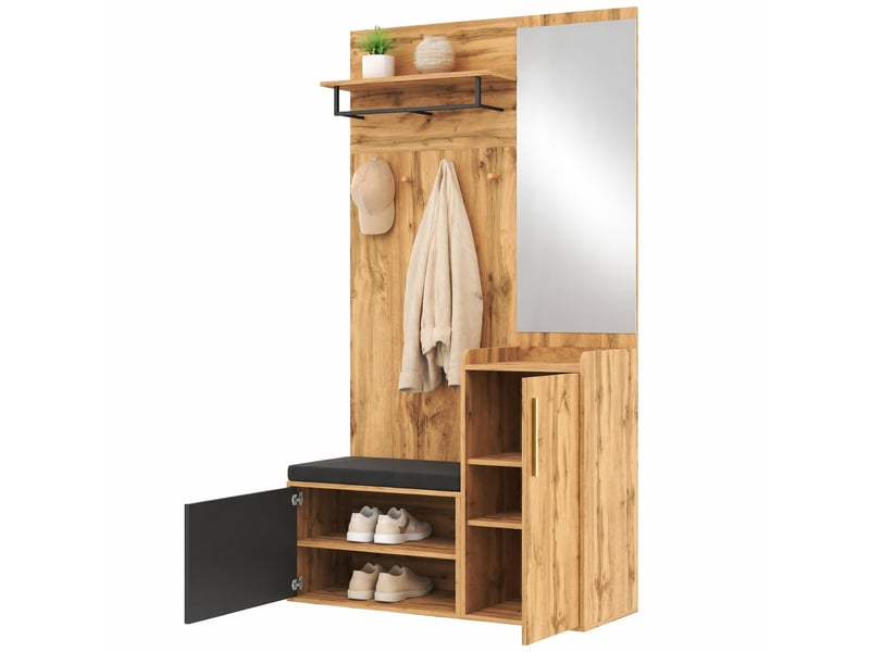  Meuble d'entrée avec miroir, banc rembourré, rangement chaussures, portes et crochets pour couloir, 100×38×185 cm  - Conforama A