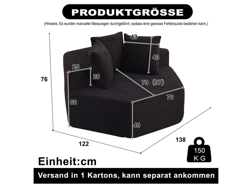  Fauteuil modulable compressé hexagonal souple, noir, tissu en chenille, 1 place assise, style moderne  - Conforama C