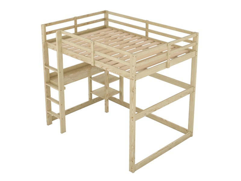  Lit mezzanine enfant naturel 140 × 200 cm en pin, bureau intégré et 4 compartiments de rangement  - Conforama E
