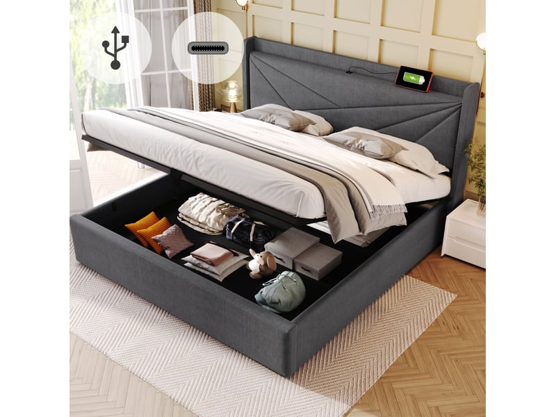 Lit coffre 160 × 200 cm 2 places avec usb et type-c, matelas inclus, tête de lit rembourrée en coton gris - Conforama B