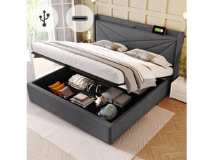 Lit coffre 160 × 200 cm 2 places avec usb et type-c, matelas inclus, tête de lit rembourrée en coton gris