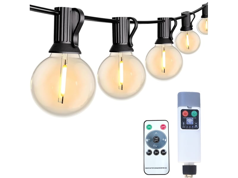  Guirlande lumineuse g40 à ampoules 14.5 m, 25 lampes blanc chaud, usb rechargeable 24 v, télécommande avec minuterie, guirlande étanche pour extérieur  - Conforama A